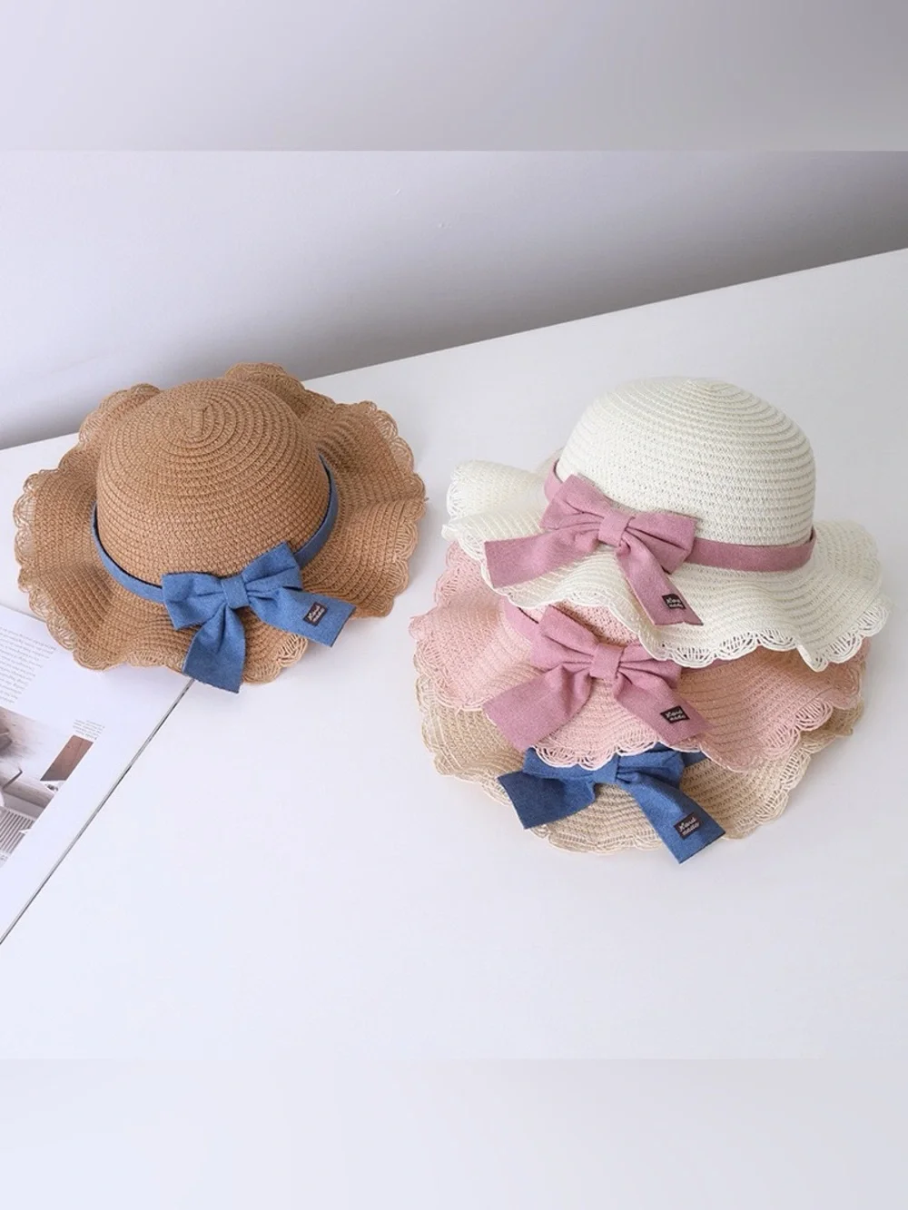 Kids Mint Green Straw Hat and Bag Set with Pink Bow